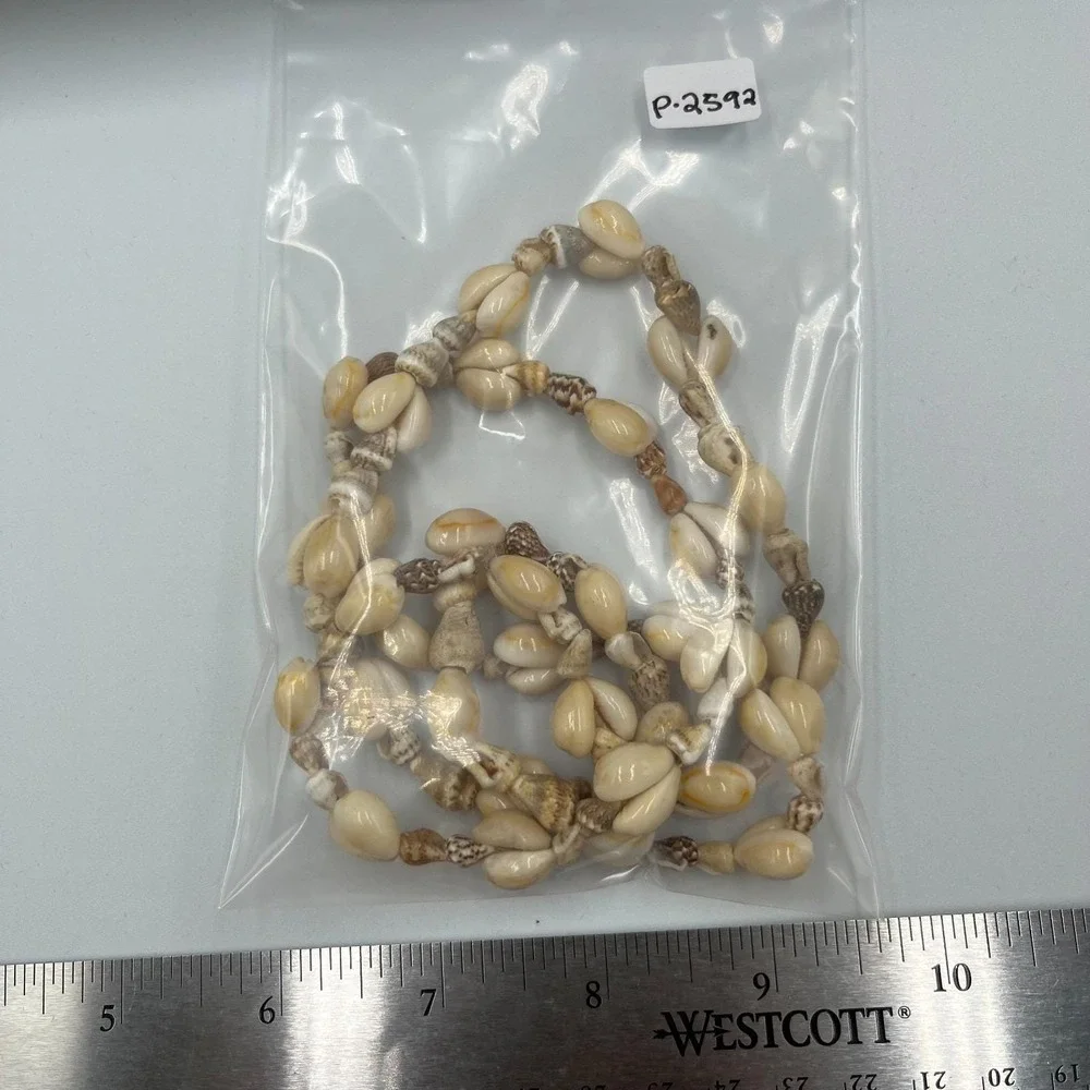 Vintage Off White Cowrie Shell Strand Necklace Long Hawaiian Beach Boho Tropical